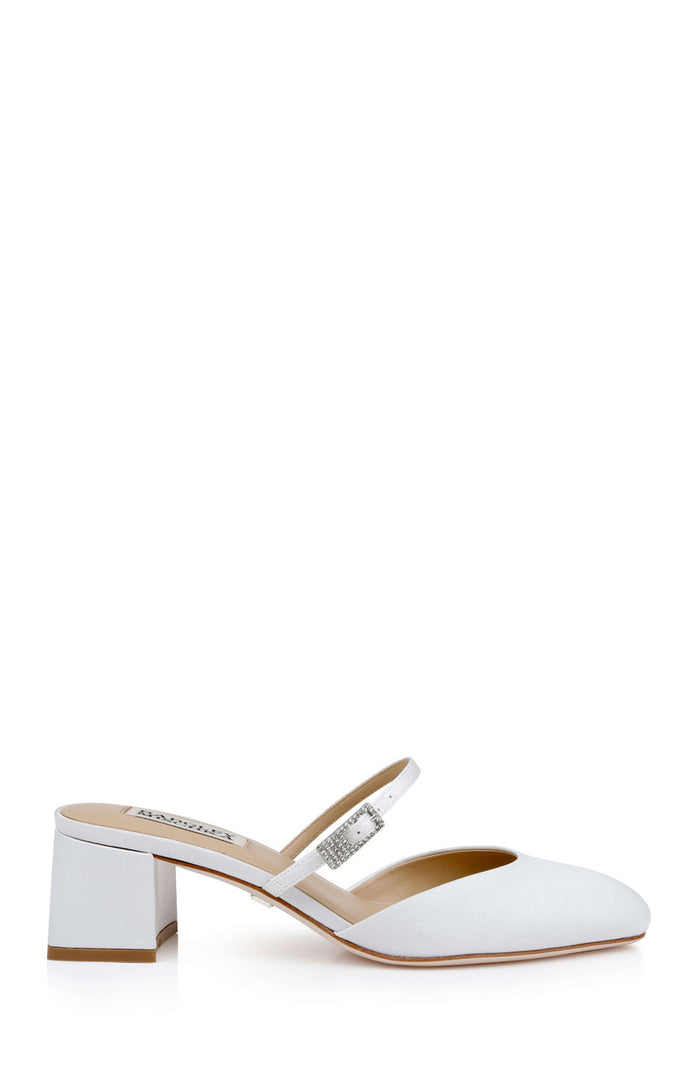 White Crepe | Valarie Block Heel Mary Jane Mules Side
