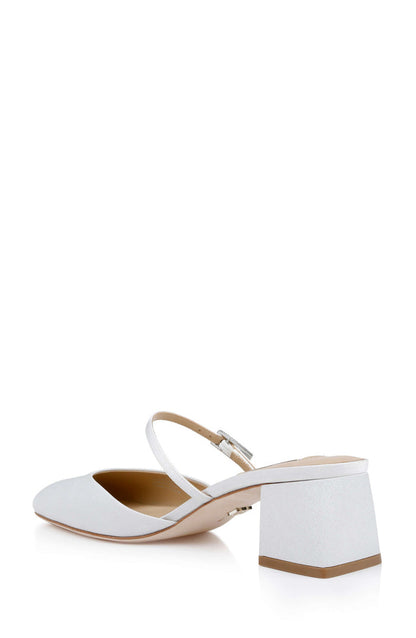 White Crepe | Valarie Block Heel Mary Jane Mules Back Side