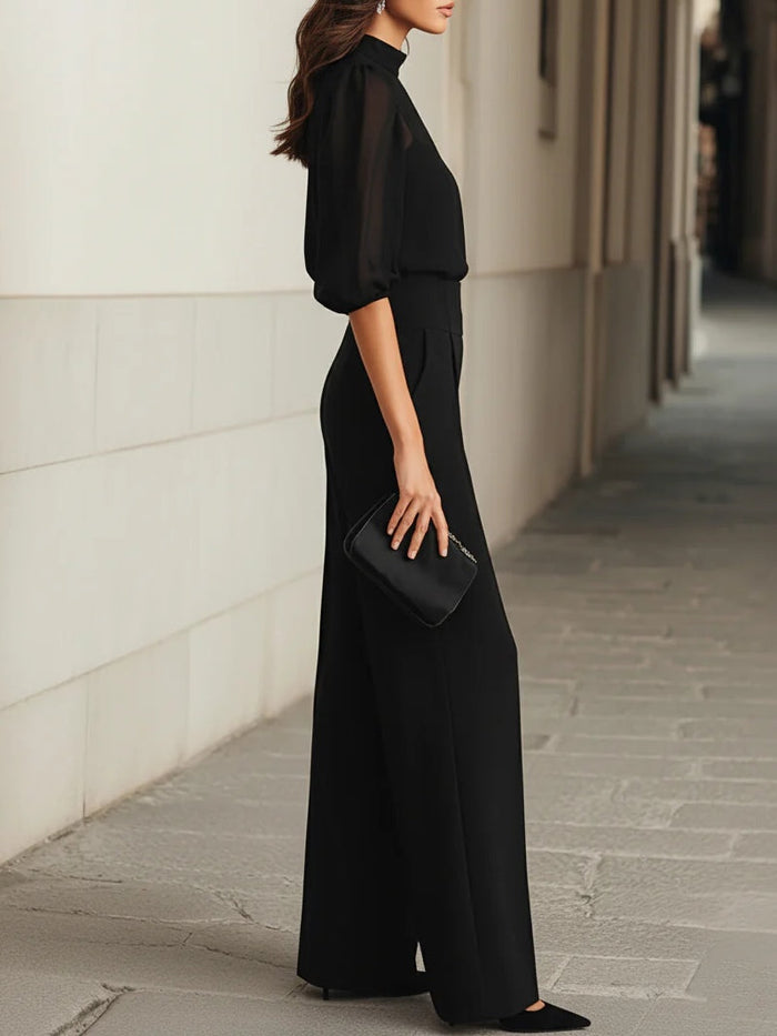 Valentina • Black Three-Piece Set, Featuring a Sheer Top and Wide-Leg Pants