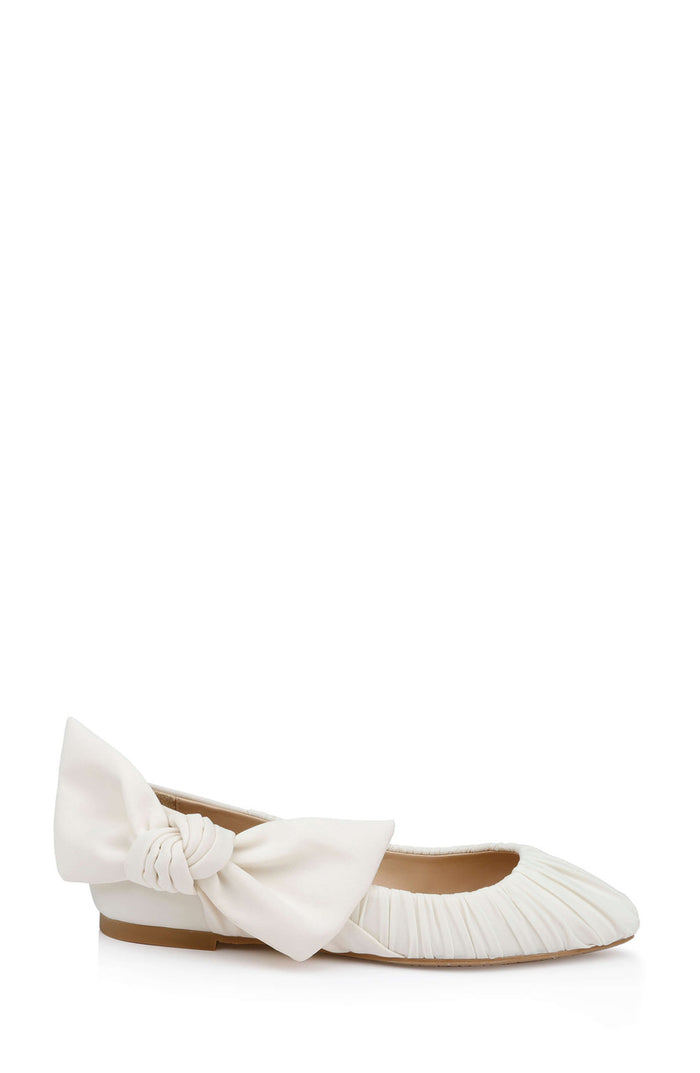 Ivory Fabric | Vayln Ruched Ballet Flats with Oversized Bow Side