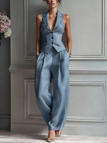Women's two-piece set with V-neck and buttons