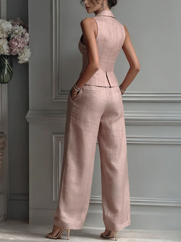 Women's two-piece set with V-neck and buttons
